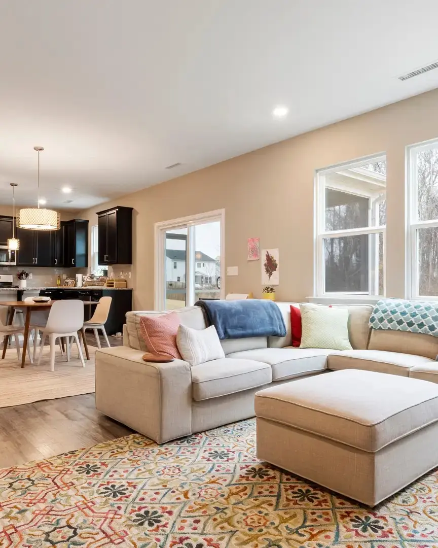 A bright, freshly renovated open-plan living room