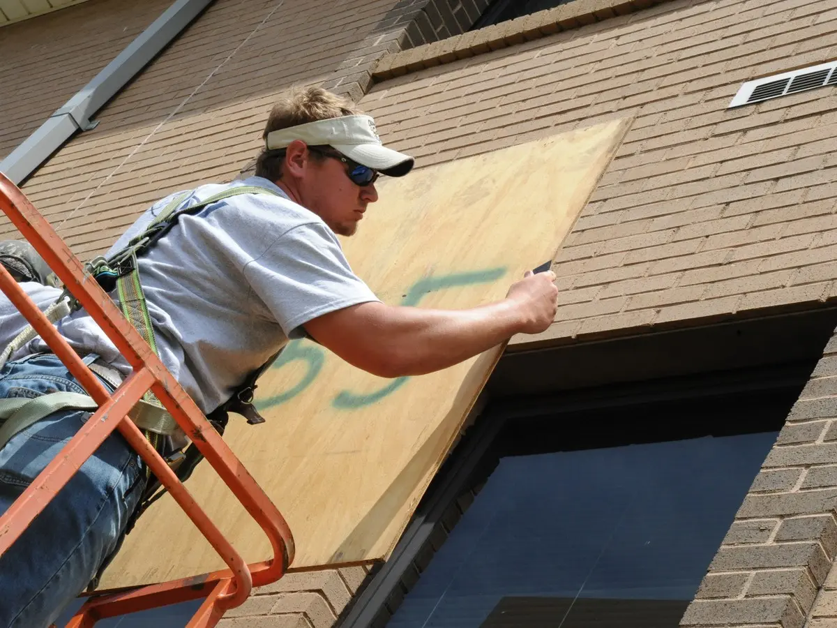 A worker fastening a sheet of plywood over a window