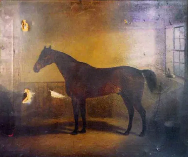 A damaged oil painting of a horse with paint loss, before restoration